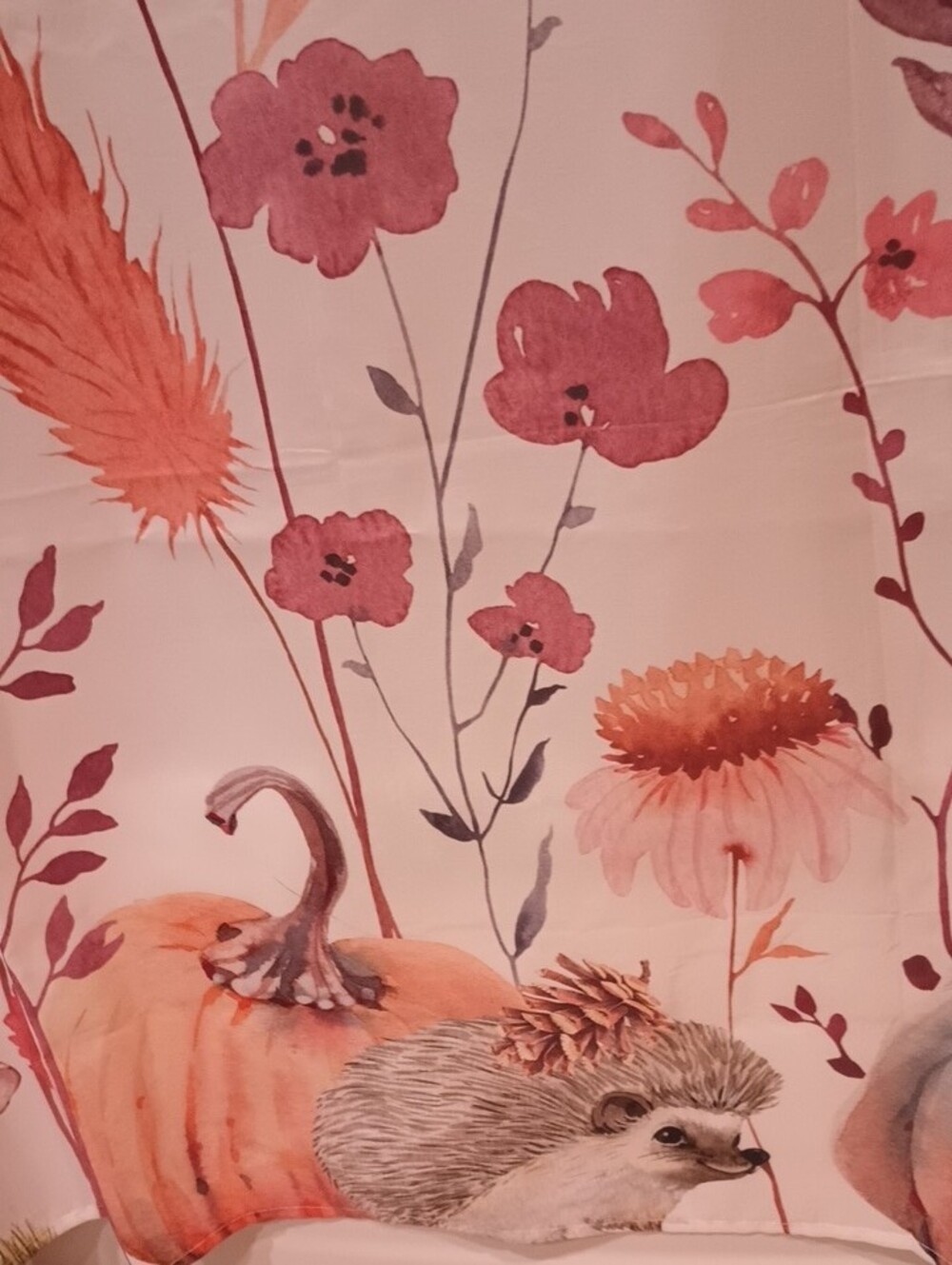 Floral Autumn Shower Curtain W Squirrel, Hedgehog & Pumpkin Design - Fall Colors - Picture 2 of 5